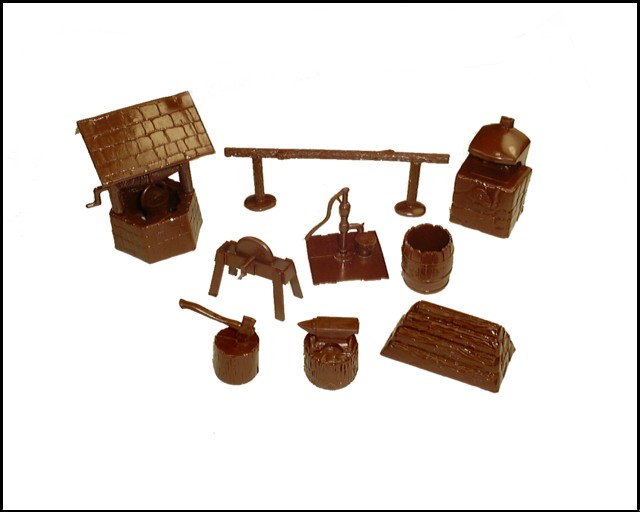 Fort Accessories series #2 -- 12 pieces covered well, anvil, etc (brown) <font color=#CC0000>(54mm) </FONT>