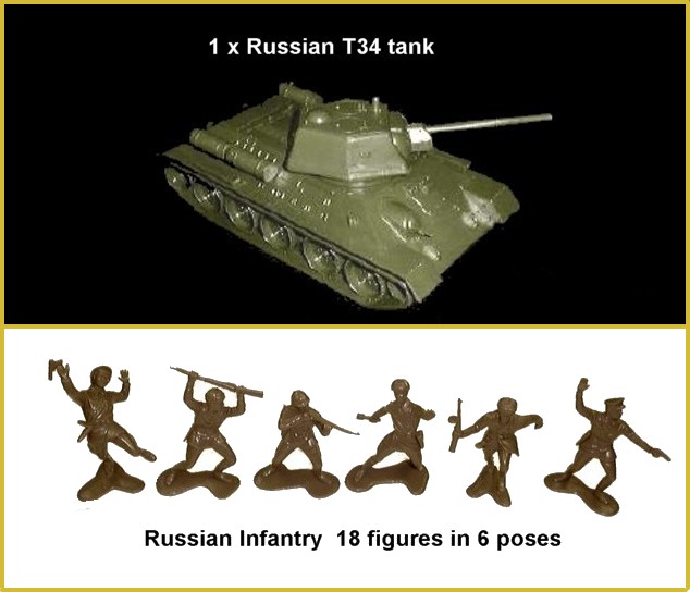 Russian Front 25 Russian Infantry w/T-34 Tank -- 26 pieces <FONT COLOR=#CC0000>(54mm) </FONT>