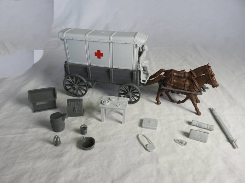 Red Cross Ambulance -- wagon body (gray) w/2 different (gray) tops and  driver  (gray) <font color=#CC0000>(54mm) </FONT>