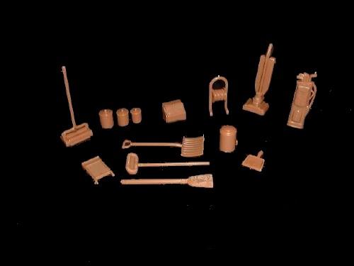 Doll House accessories (brown) broom, canisters, vacuum, etc....14 different  <font color=#CC0000>(54mm) </FONT>