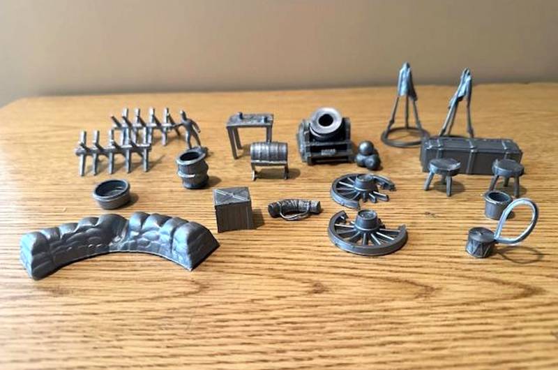 Civil War Accessories 24 pieces -- mortar, rifle stack, drum, crates, barricades, ball stack, etc. (silver)  <font color=#CC0000>(54mm) </FONT>