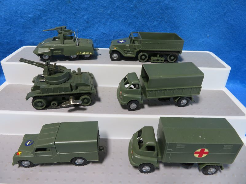 Politoys U.S. military vehicles circa 1960's, 6 different, 1/41 scale