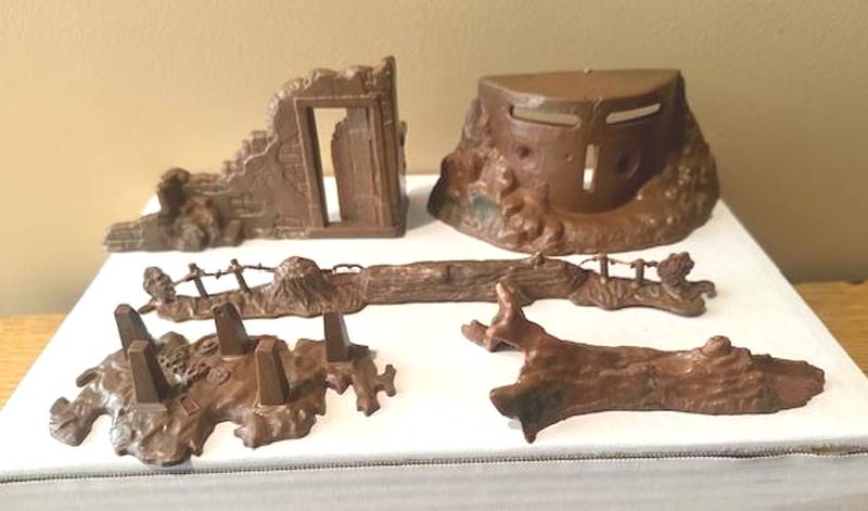 Vintage MARX Pill Box, dragons teeth, log with wire barricade, destroyed building front and fallen tree