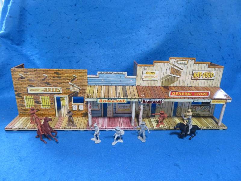 Marx 1950's Western town-jail side with cowboys , tin + plastic